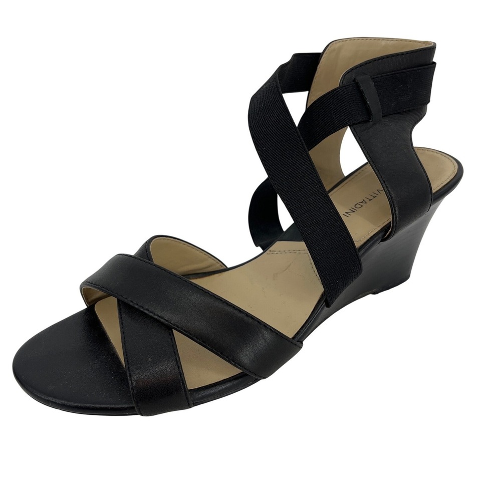 Adrienne Vittadini Rheanne Wedge Sandals Women 9.5 Black Leather Strappy